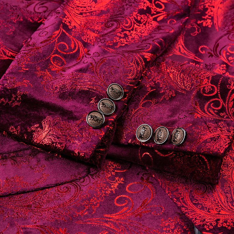 Baroque Pattern Men Slim Fit Burgundy Velvet Blazer - FanFreakz