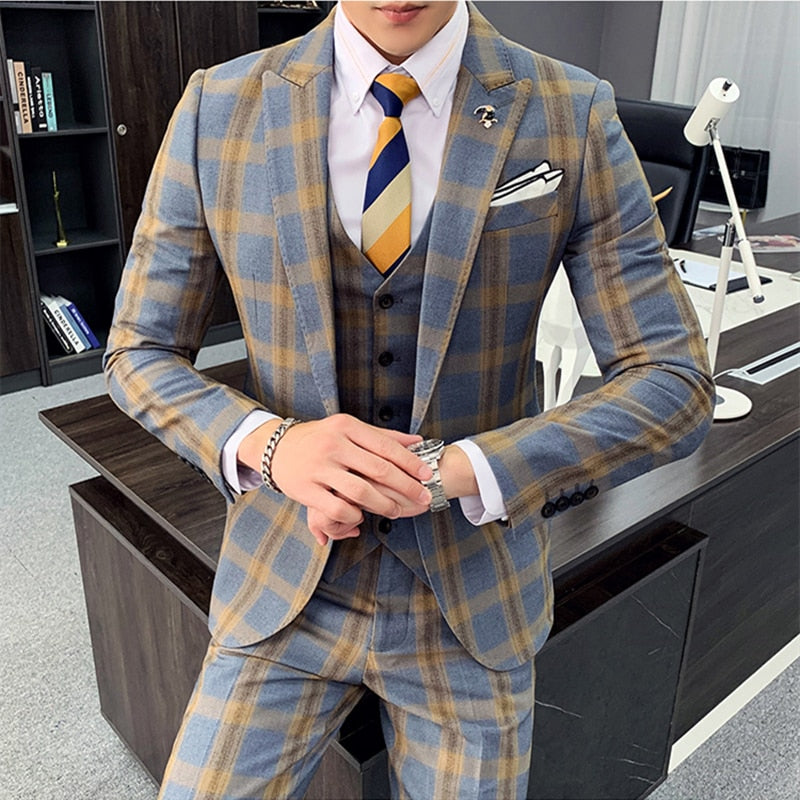 Trajes de hombre de estilo formal ajustado clásico a cuadros gris caqui