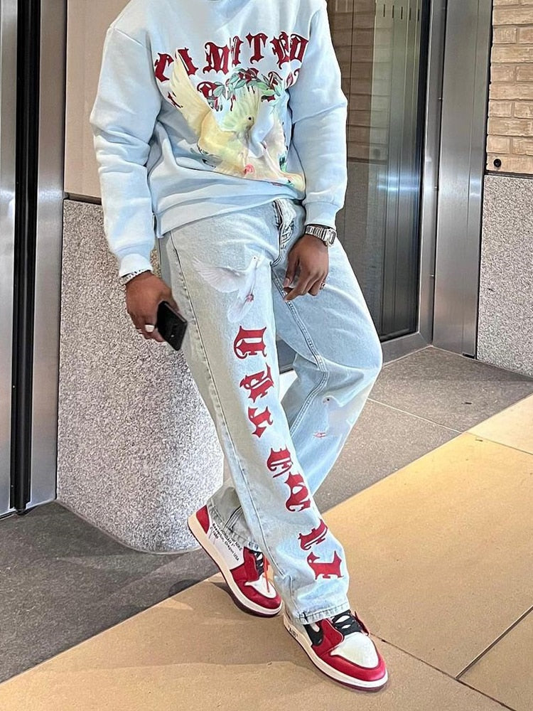 Vintage Light Blue Printed Baggy Jeans