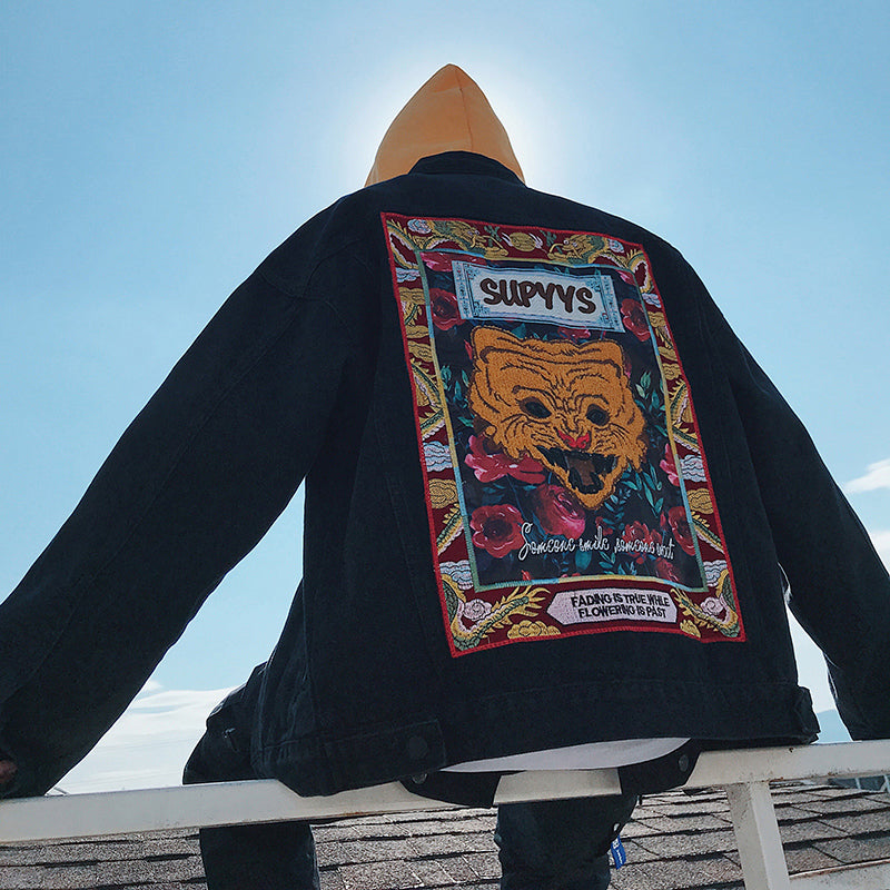 Black with Colourful Embroidery Streetwear Men Denim Jacket - FanFreakz