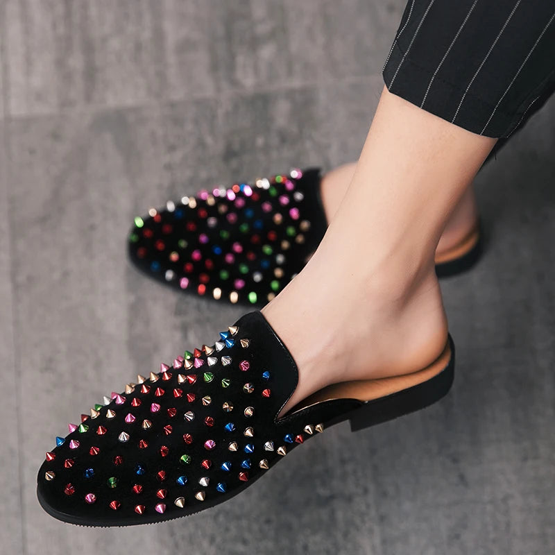 Rivet Rhinestone Decoration Black Mules Shoes