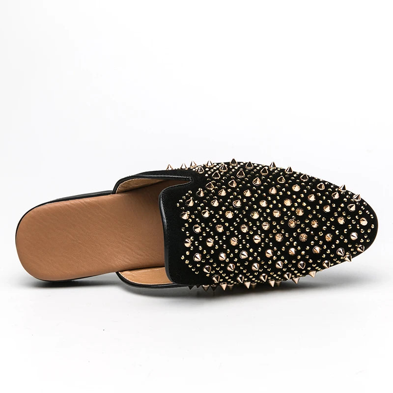 Rivet Rhinestone Decoration Black Mules Shoes