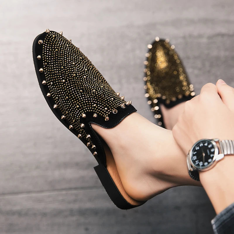 Rivet Rhinestone Decoration Black Mules Shoes