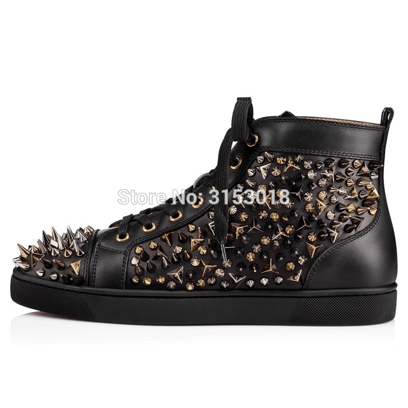 Black with Spikes Studded Lace Up High Top Style Men Sneakers