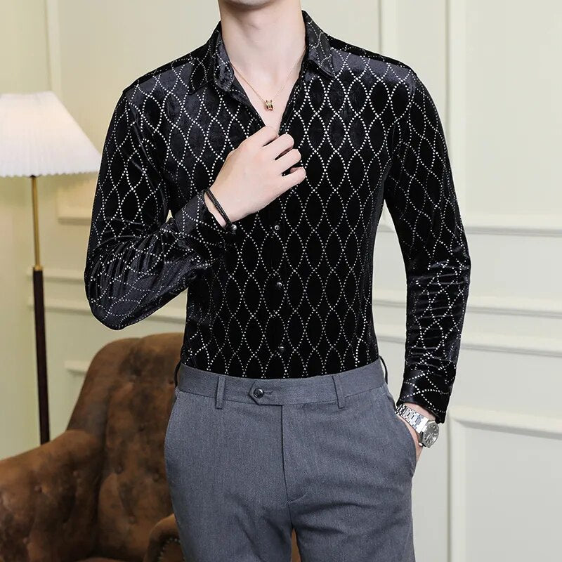 Diamond Geometric Rhinestone Velvet Shirt