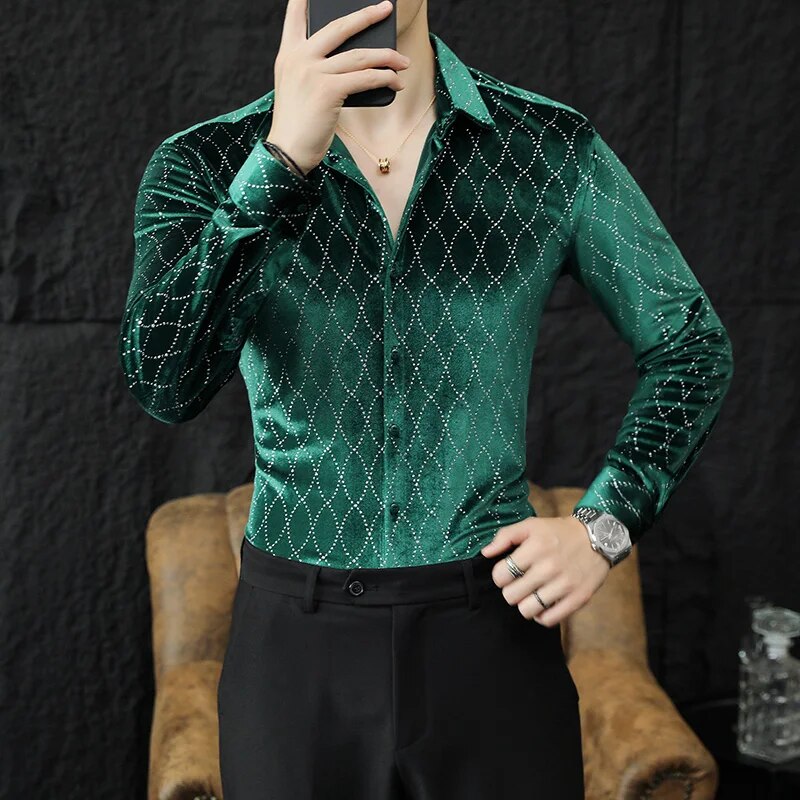 Diamond Geometric Rhinestone Velvet Shirt