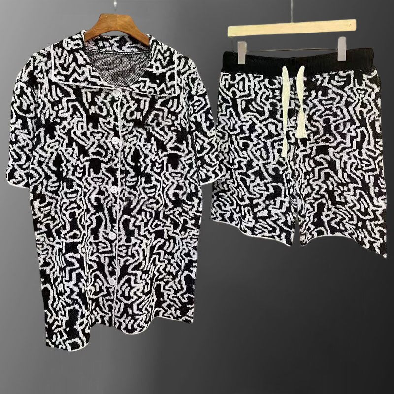 Retro Geometric Pattern Knitted Shorts Set