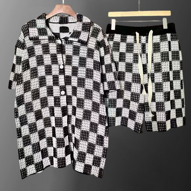 Contrasting Stripes Hollow Knitted Shorts Set