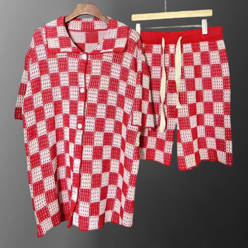 Contrasting Stripes Hollow Knitted Shorts Set