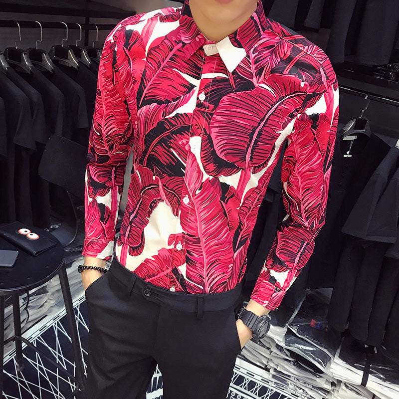 Banana Leaves Print in Bold Color Men Slim Fit Long Sleeves Shirt - FanFreakz