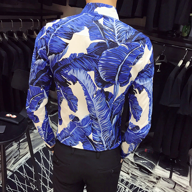 Banana Leaves Print in Bold Color Men Slim Fit Long Sleeves Shirt - FanFreakz