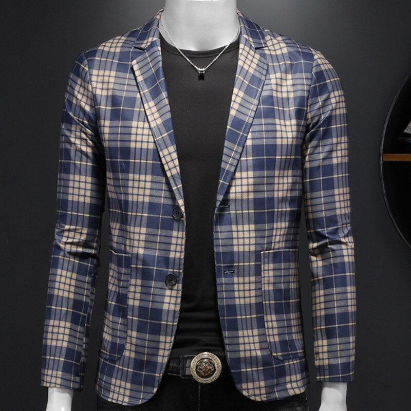 Blue Plaid Polyester Blazer