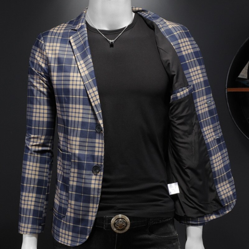 Blue Plaid Polyester Blazer