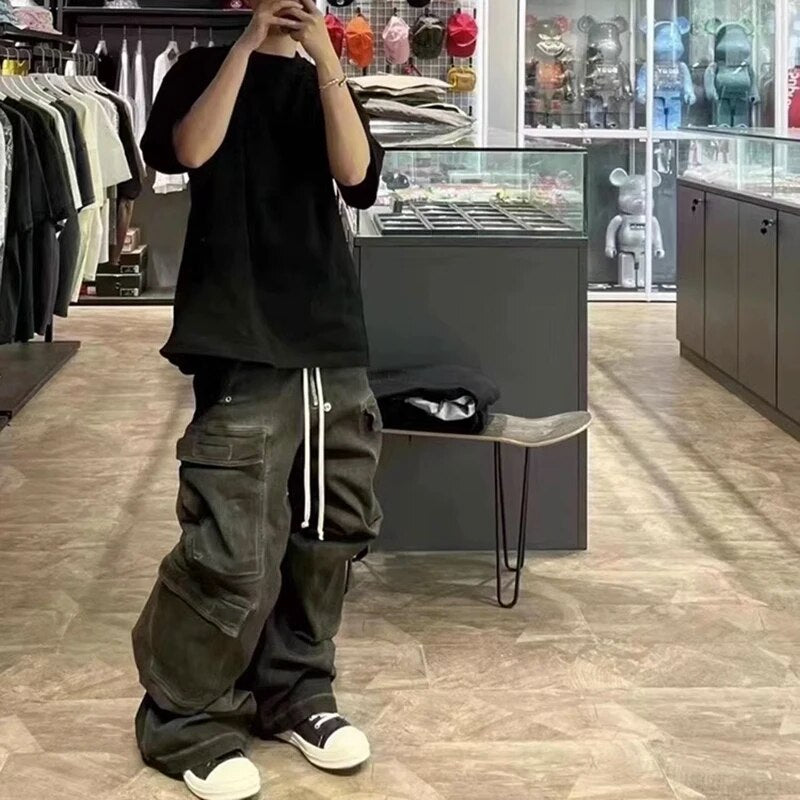 Multi Pockets Ribbons Wide Baggy Jeans