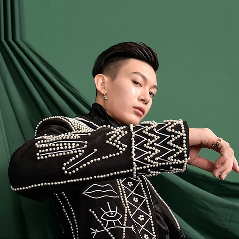 Beads Sequin Black Baroque Men Long Blazer - FanFreakz