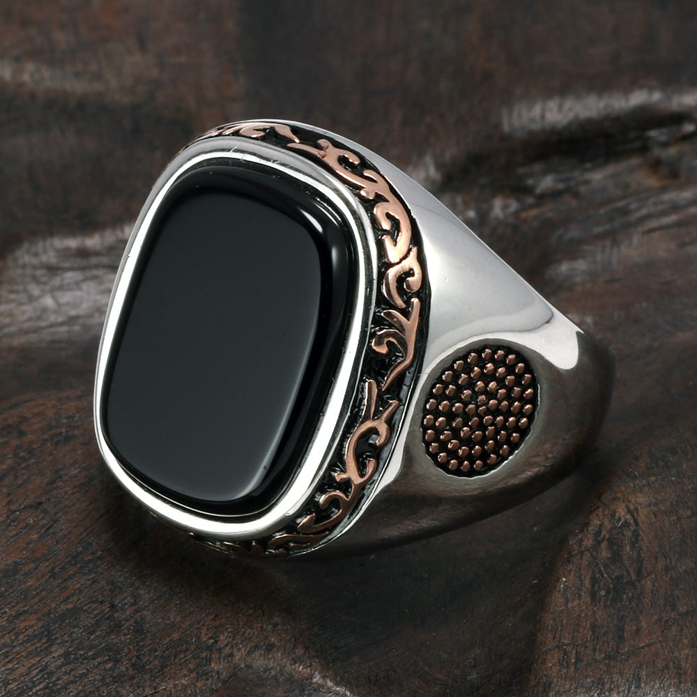 Silver Retro With Natural Black Onyx Stones Men Fashion Rings