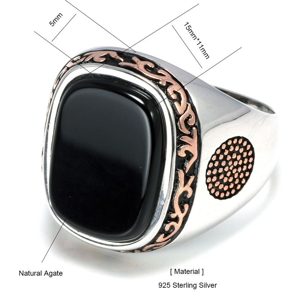 Retro de plata con piedras de ónix negro natural Anillos de moda para hombres