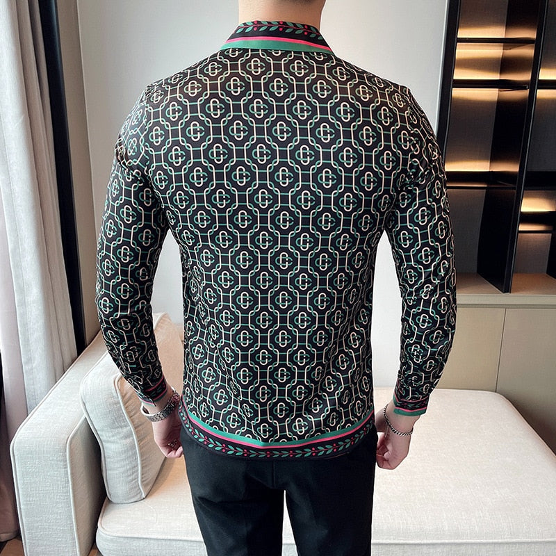 Interlocking Geometric Printed Korean Long Sleeves Shirt