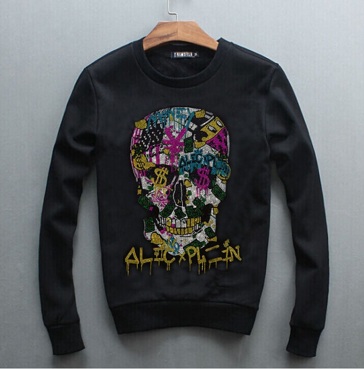 Colorful Graffiti On Rhinestone Skull Style Sweatshirt