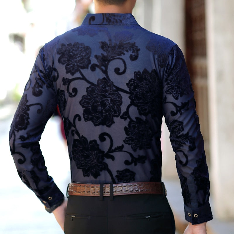 Sexy See Through Rose Flower Pattern Men Long Sleeves Shirt