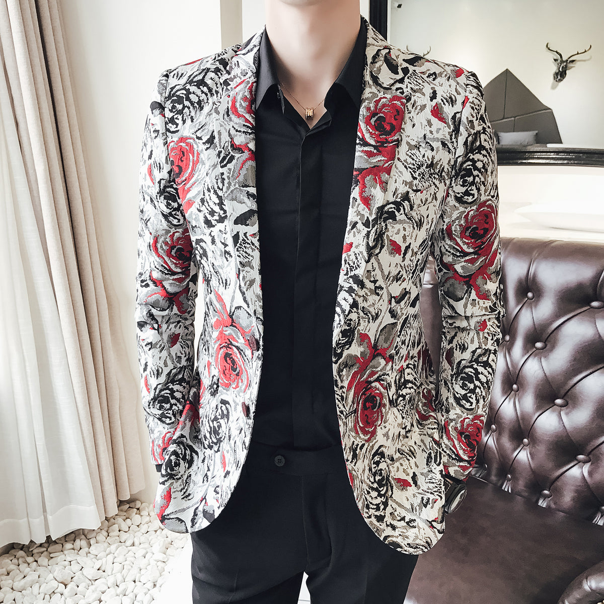 Rose in Contrast Print Blazer Slim Fit en velours pour homme