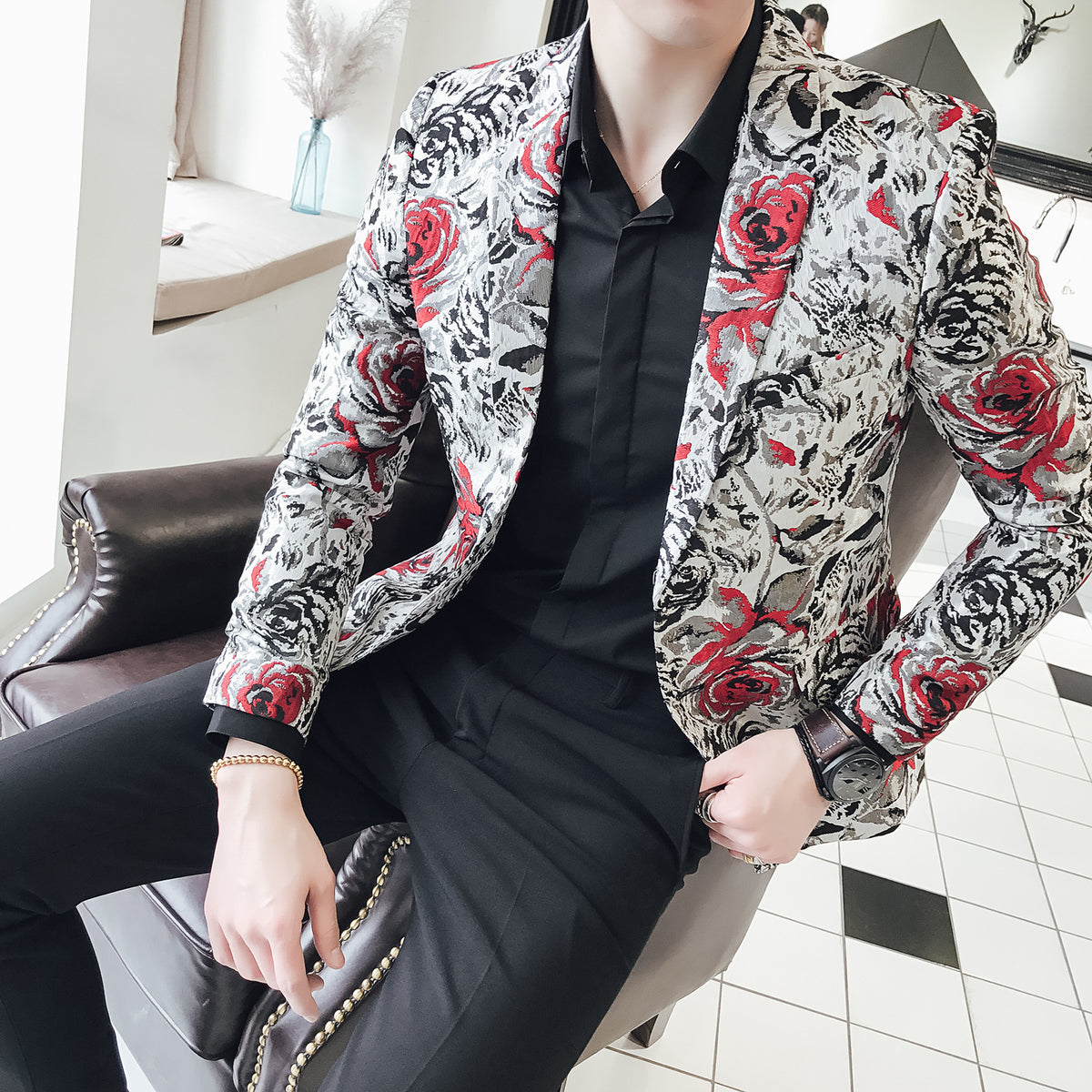 Rose in Contrast Print Blazer Slim Fit en velours pour homme