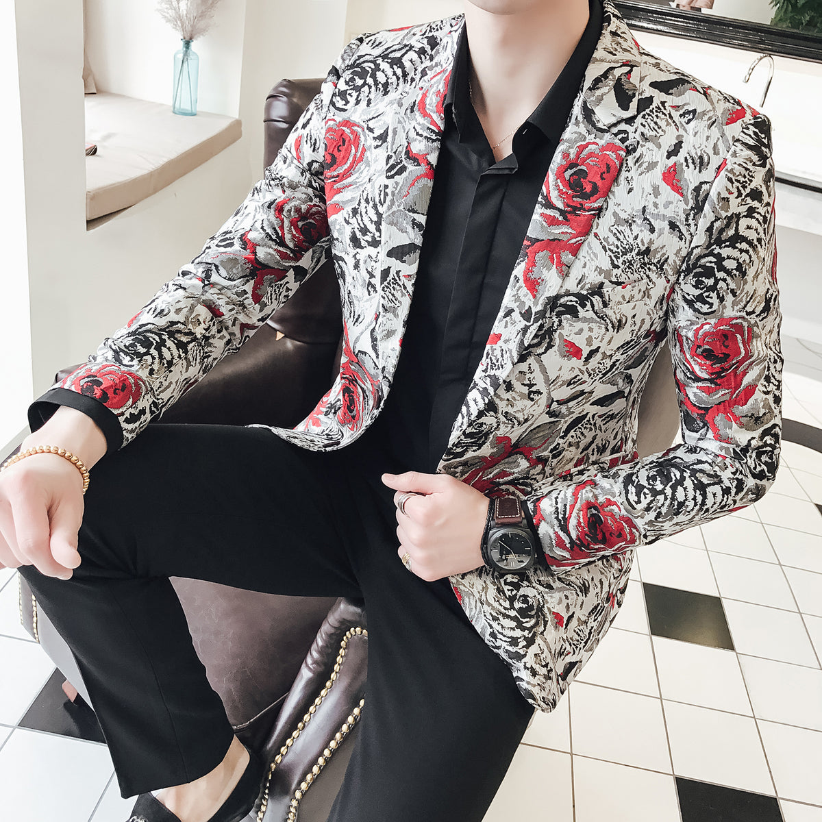 Rose in Contrast Print Blazer Slim Fit en velours pour homme
