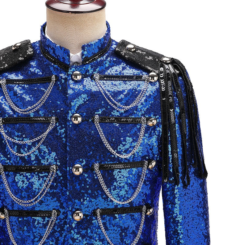 Royal Blue Sequin Cotton Polyester Military Style Blazer
