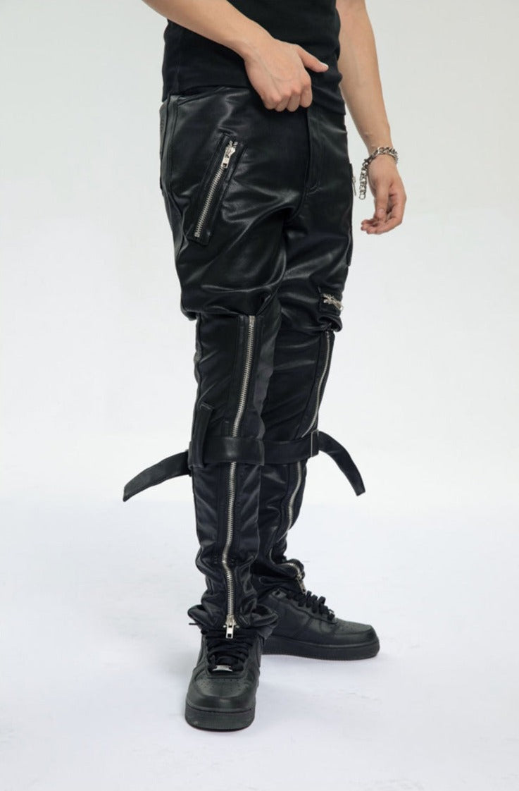 Black Pu Leather Zipper Pants