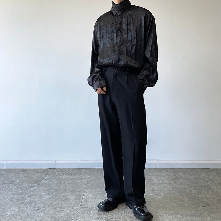 Chinese Pleated Stand Collar Shirt