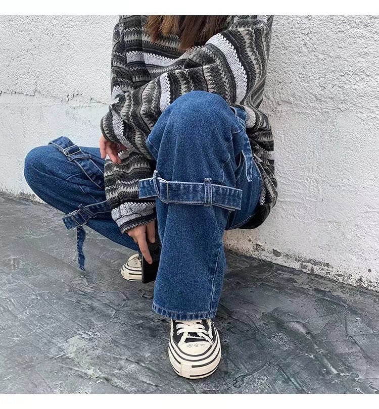 Buckle Solid Loose Jeans
