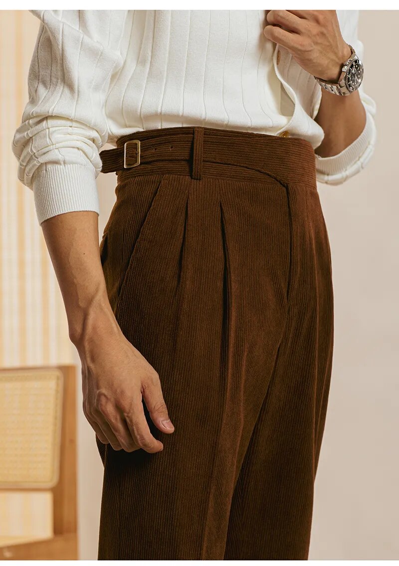 High Waist Side Buckle Corduroy Trousers