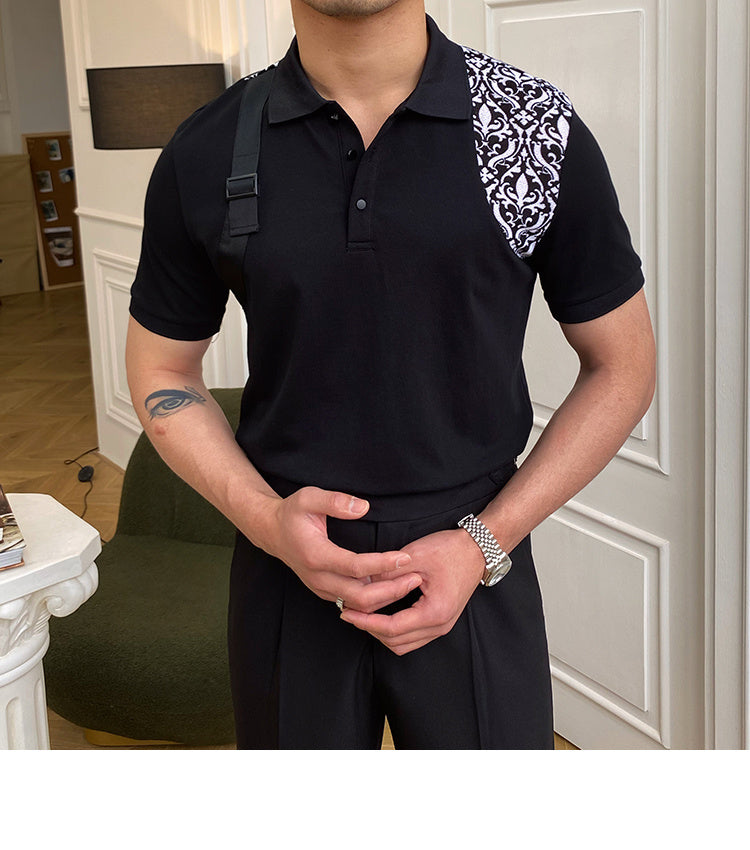 Straps & Geometric Printed Decoration Solid Polo Shirt
