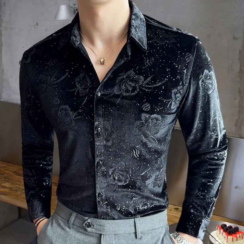 Floral Pattern Velvet Slim Fit Shirt