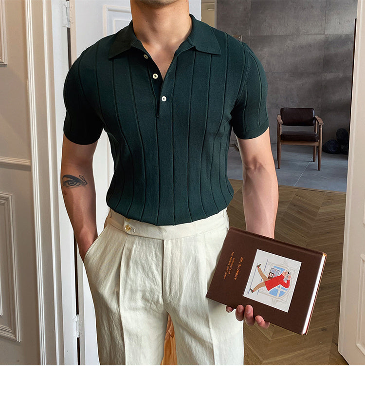 Striped Viscose Short Sleeve Polo Shirt