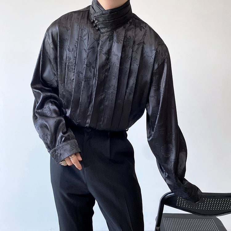 Chinese Pleated Stand Collar Shirt