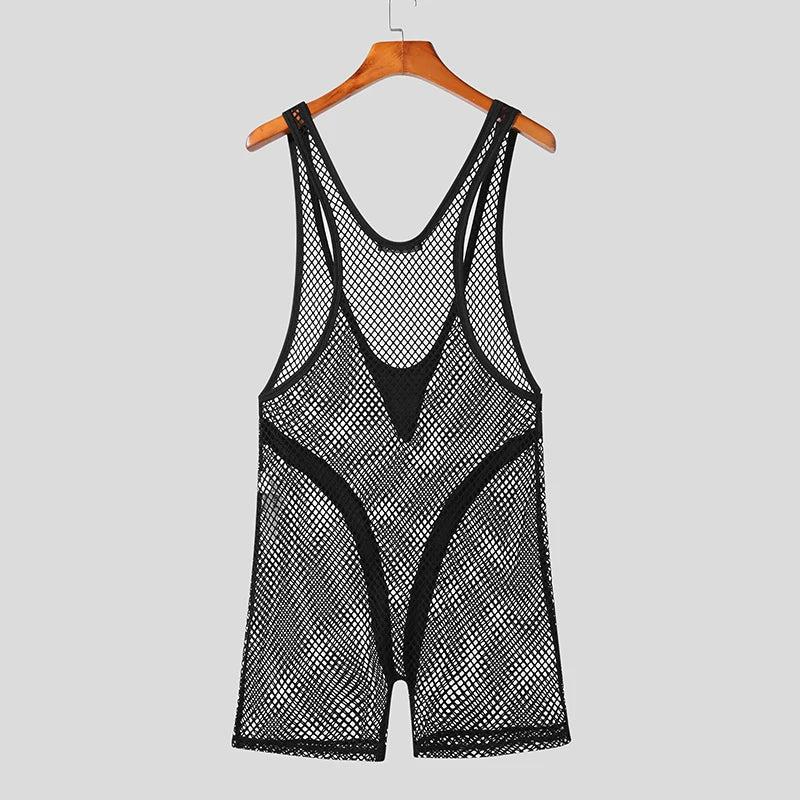Mesh Patchwork Transparent O-neck Romper