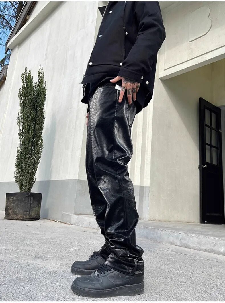 Snake Skin Pattern PU Leather Pants