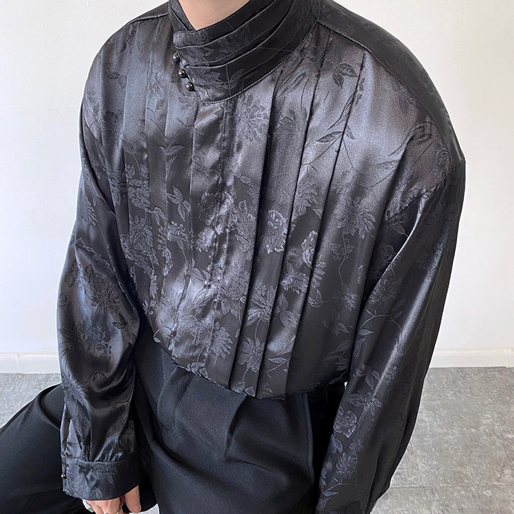 Chinese Pleated Stand Collar Shirt
