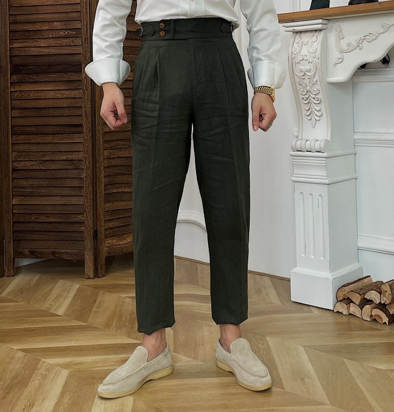Solid Linen Straight Legs Trousers
