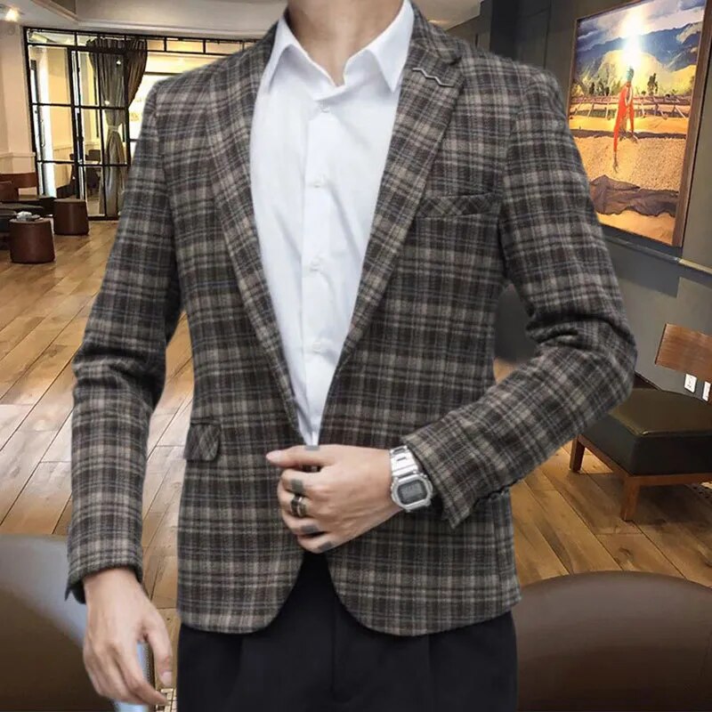 Plaid Contrast Color Polyester Blazer