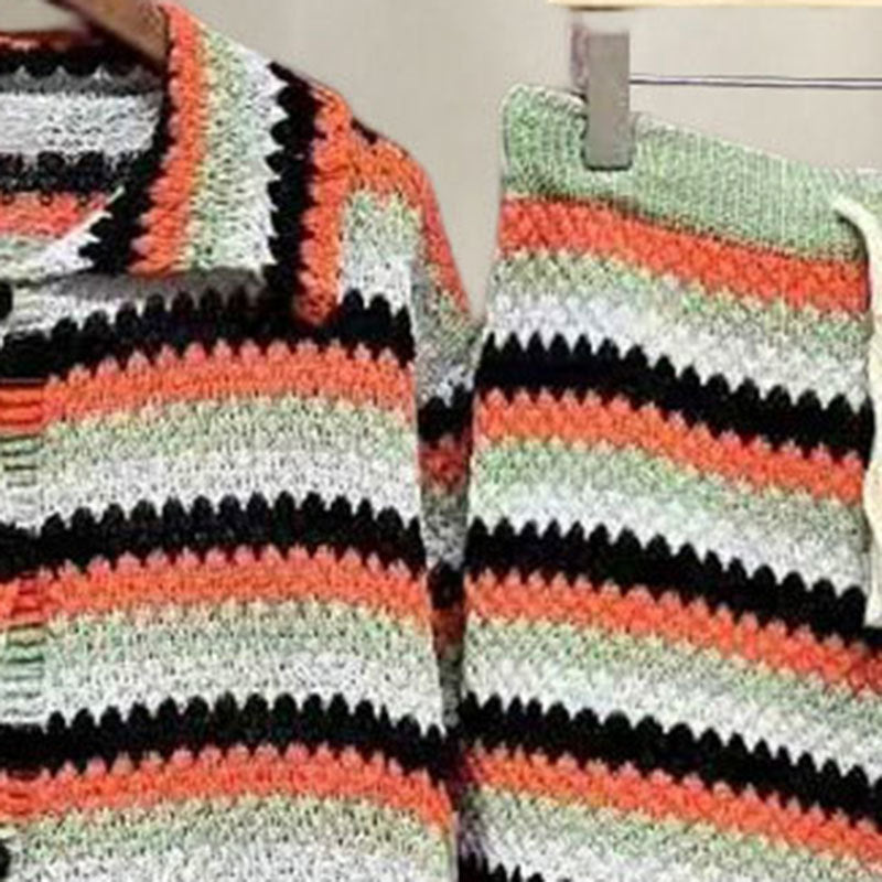 Retro Geometric Pattern Knitted Shorts Set