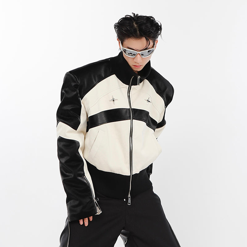 Chaqueta de cuero con cremallera en blanco y negro