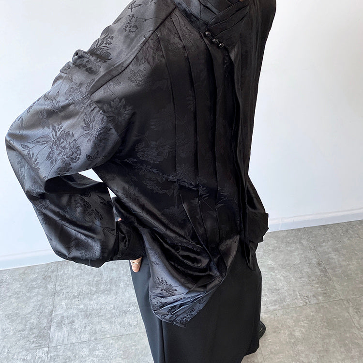 Chinese Pleated Stand Collar Shirt