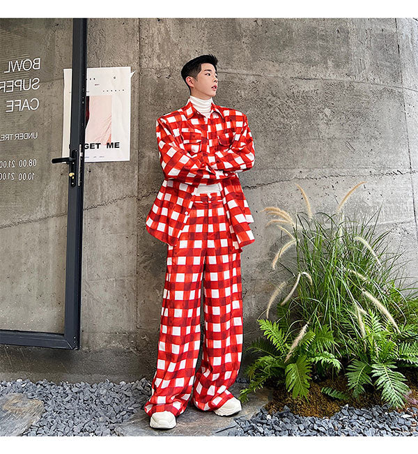 Ensemble de pantalons de couleur à carreaux blanc cramoisi