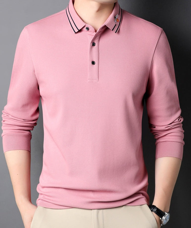 Striped Bee Embroidery Collar Polo Shirt