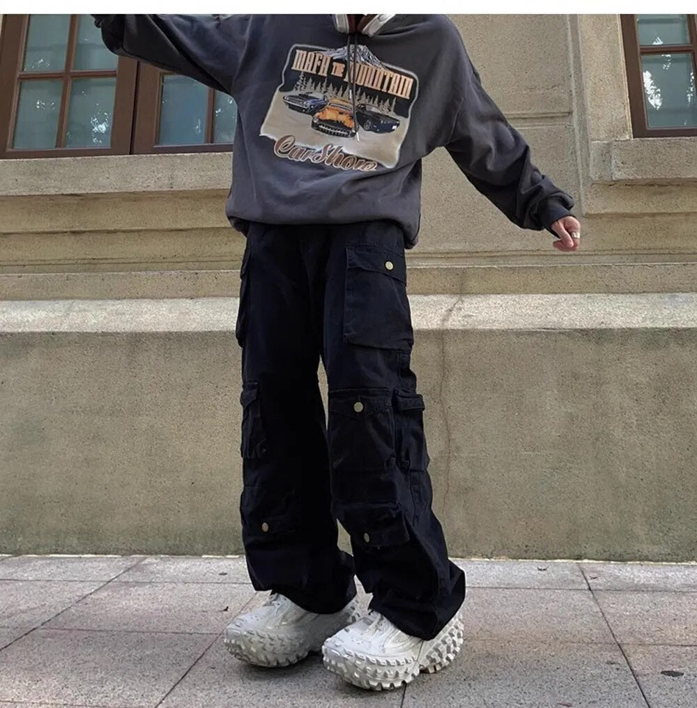 Streetwear Solid Multi Pockets Loose Pants