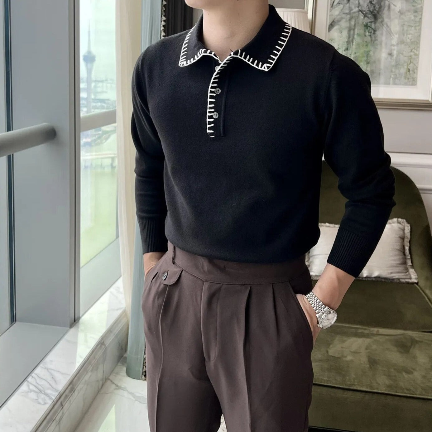 Black White Contrast Stitched Collar Sweater