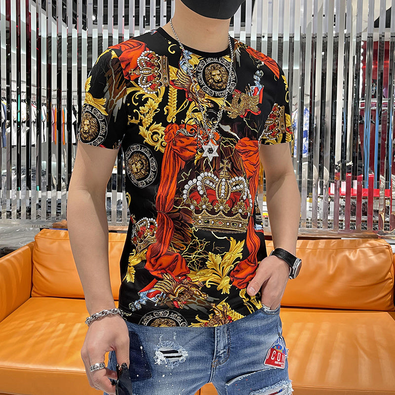 Geometric Crown Print Rhinestone T-Shirt