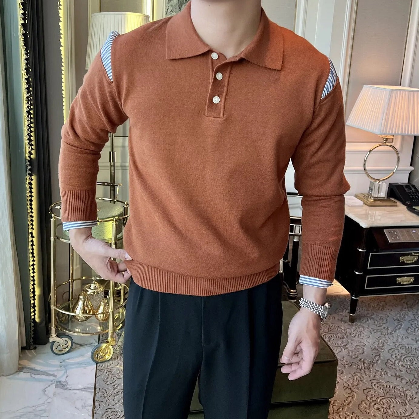Splicing Contrast Color Knitted Polo Shirt